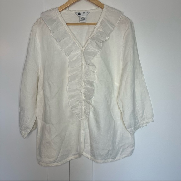 Carole Little Linen Ruffled Button Front Blouse 1X XL Plus size white chic work - Picture 1 of 7